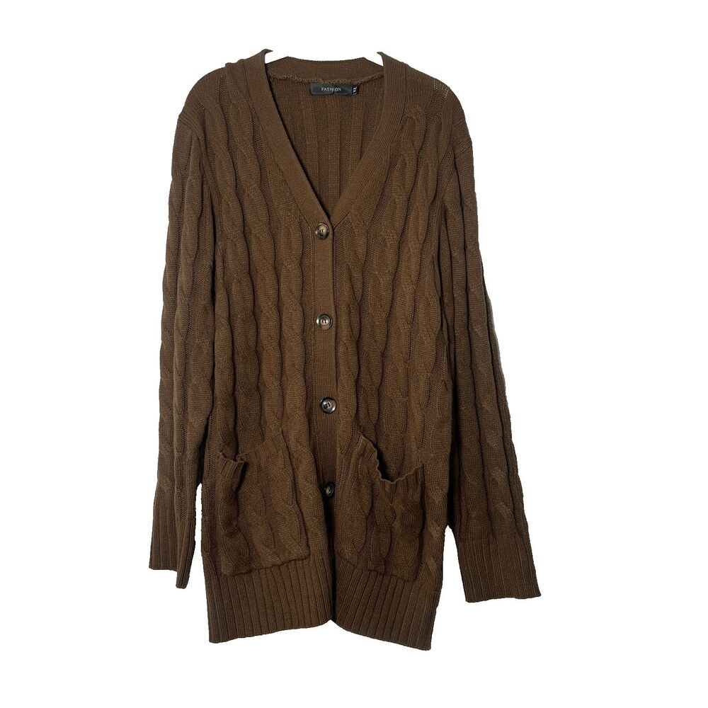 Men’s XL Brown Cable Knit Cardigan Sweater Grandpa Teacher Button Front Pockets